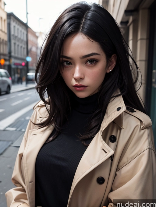 related ai porn images free for Woman One 18 Black Hair Long Hair Serious White Close-up View Street Trench Coat Sweater Goth