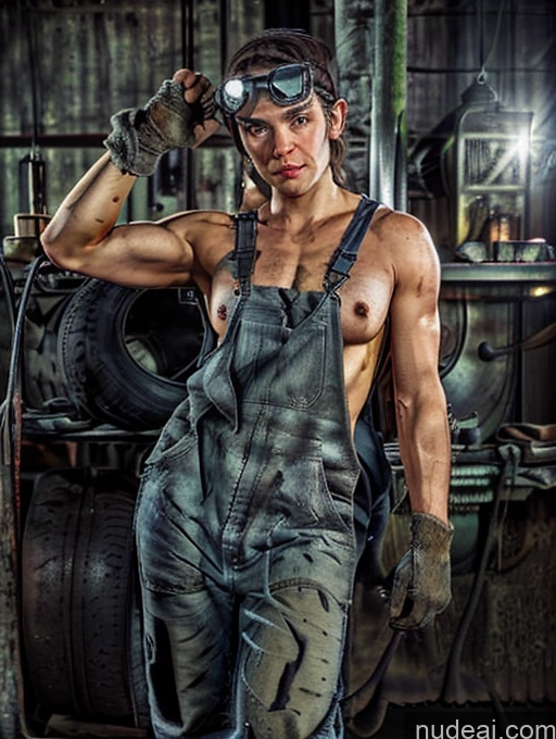 One Beautiful Abs 30s Front View Detailed Nottingham Mechanicoveralls, Naked Overalls, Gloves, Goggles On Head, Baseball Cap, Backwards Hat,