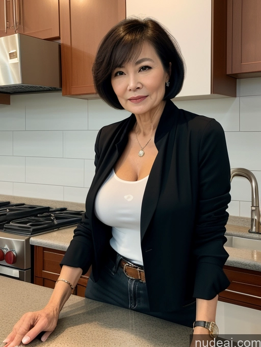 related ai porn images free for Milf Perfect Boobs Beautiful Perfect Body Short Hair 70s Chinese Kitchen Blouse Bra Casual Jacket Professor Stylish Cleavage Dark Lighting Detailed