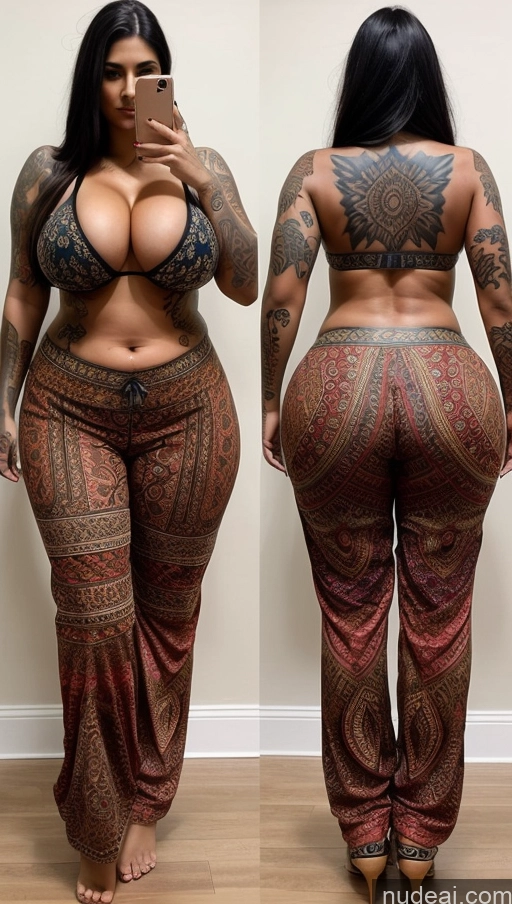 ai nude image of a close up of a woman with tattoos on her body and a cell phone pics of Model Huge Boobs Big Ass Big Hips Tattoos Indian Front View Harem Pants