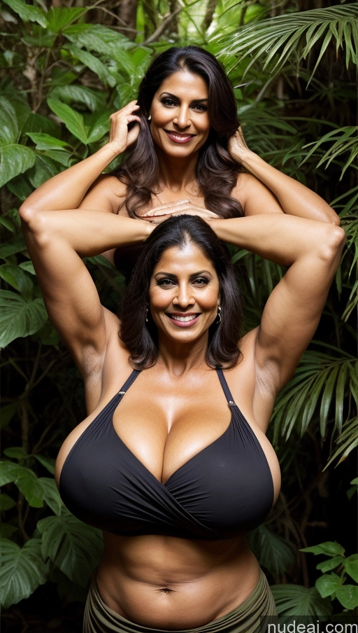 ai nude image of arafed woman in a black bikini posing for a picture pics of Milf Busty Huge Boobs Beautiful Tattoos Muscular Big Ass Thick Tall Long Hair Dark Skin 60s Happy Brunette Indian Jungle Front View Dark Lighting Sexy Face Blouse Abs Sari Jumping