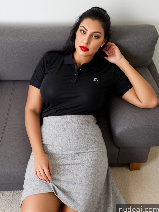 ai nude image of arafed woman sitting on a couch with a black shirt and grey skirt pics of Perfect Boobs Beautiful Lipstick Big Ass Chubby Perfect Body 30s Seductive Black Hair Ponytail Indian Front View Dress Long Skirt Polo Shirt Sexy Face Model Tall On Back Couch