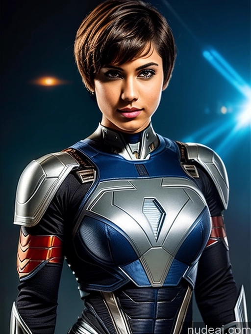 ai nude image of a close up of a woman in a futuristic suit posing for a picture pics of Cyborg Muscular 18 Brunette Short Hair Indian Superhero