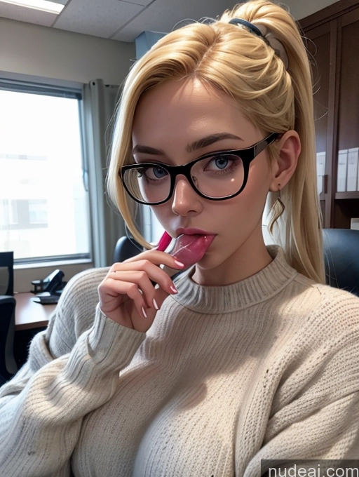 ai nude image of blond woman with glasses brushing her teeth in an office pics of Blonde Simple Ponytail Glasses Chubby Blowjob Secretary Two Dress Stylish Office Woman 50s Sweater Transparent