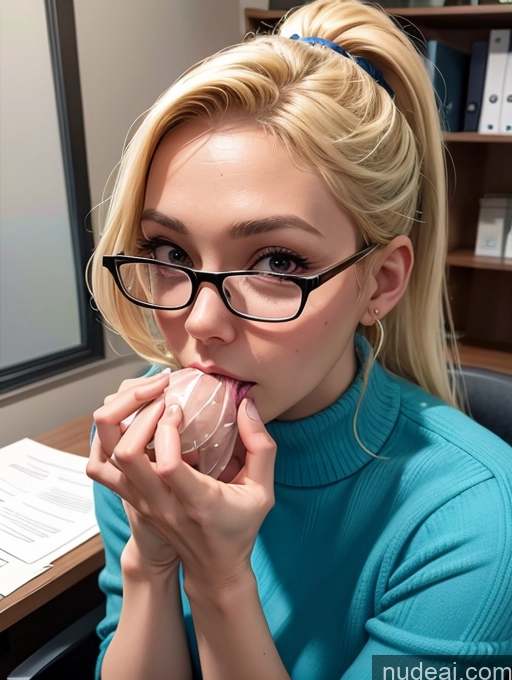 ai nude image of blond woman in glasses eating a doughnut in front of a computer desk pics of Blonde Simple Ponytail Glasses Chubby Secretary Two Dress Stylish Office Woman 50s Sweater Transparent Blowjob