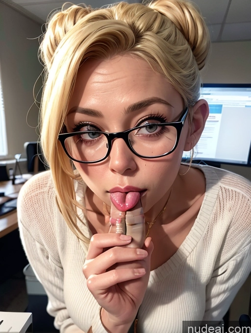 ai nude image of blond woman with glasses and a white sweater licking a pink lip pics of Blonde Simple Ponytail Glasses Chubby Secretary Two Dress Stylish Office Woman 50s Sweater Transparent Blowjob