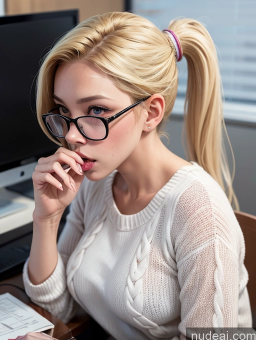 ai nude image of blond woman with glasses sitting at a desk with a computer pics of Blonde Simple Ponytail Glasses Chubby Secretary Two Dress Stylish Office Woman 50s Sweater Blowjob Transparent