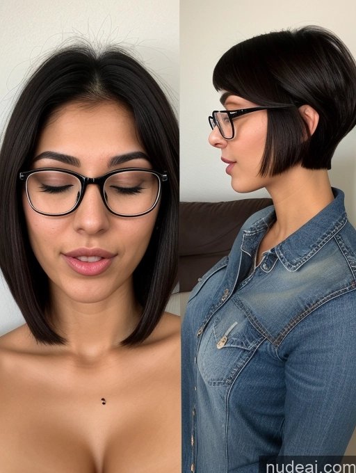 ai nude image of arafed woman with glasses and a denim shirt posing for a picture pics of Jeans Cumshot Arabic Short Hair Black Hair Orgasm 18 Small Tits Skinny Glasses Tall One Woman