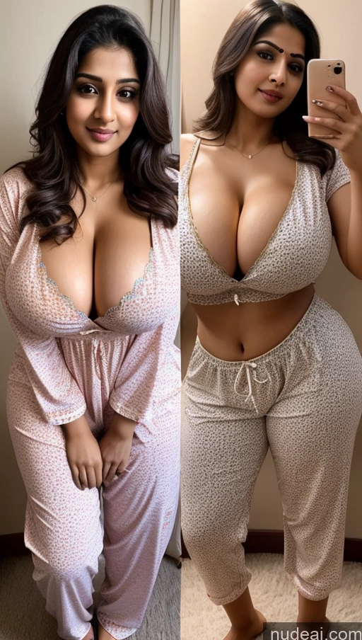 ai nude image of a close up of two women in pajamas taking a selfie pics of Indian 20s Huge Boobs Big Ass Beautiful Cleavage Pajamas