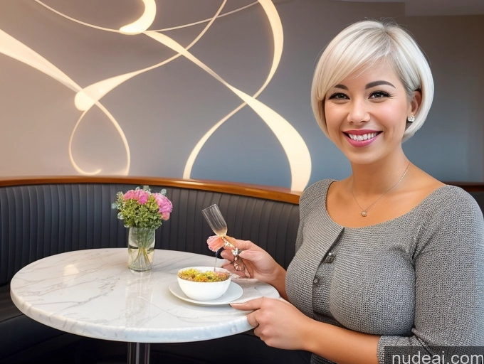 related ai porn images free for Woman One Busty Thick Tanned Skin 20s Happy White Hair Short Hair French Surrealist Cafe Front View Eating Secretary