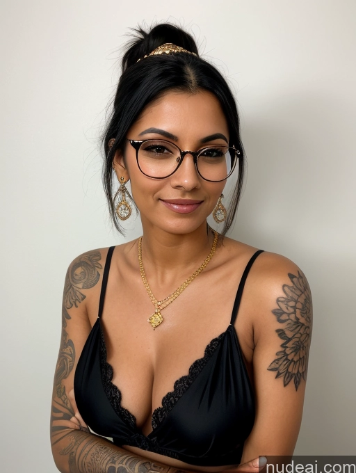 ai nude image of there is a woman with tattoos and glasses posing for a picture pics of Milf Small Tits 18 Black Hair Ponytail Indian Skin Detail (beta) Tunic Diamond Jewelry Gold Jewelry Jewelry Detailed Simple Thin Round Glasses Perfect Boobs Tattoos