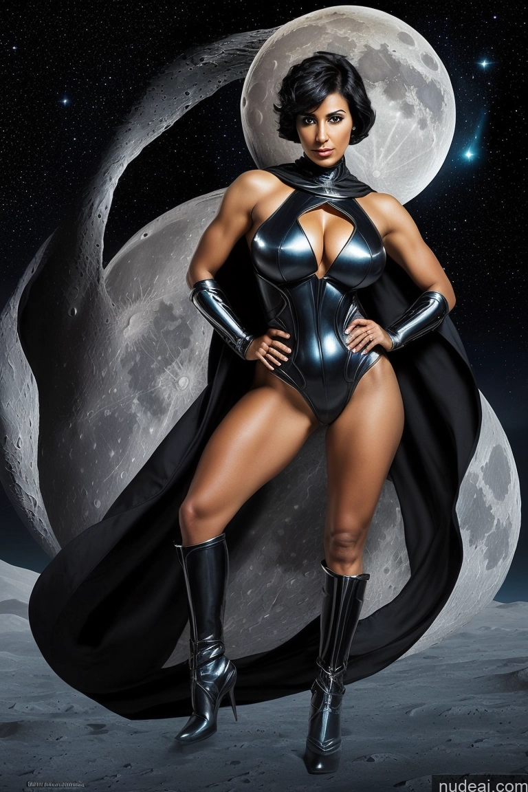 related ai porn images free for Superheroine One Perfect Boobs Muscular Thick Big Ass Dark Skin 30s Serious Black Hair Short Hair Arabic Surrealist Moon Front View Fantasy Armor