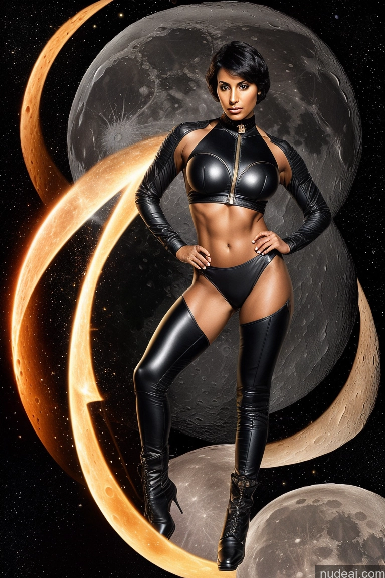 related ai porn images free for Superheroine One Perfect Boobs Muscular Thick Big Ass Dark Skin 30s Serious Black Hair Short Hair Arabic Surrealist Moon Front View Choker Crop Top Bomber Boots