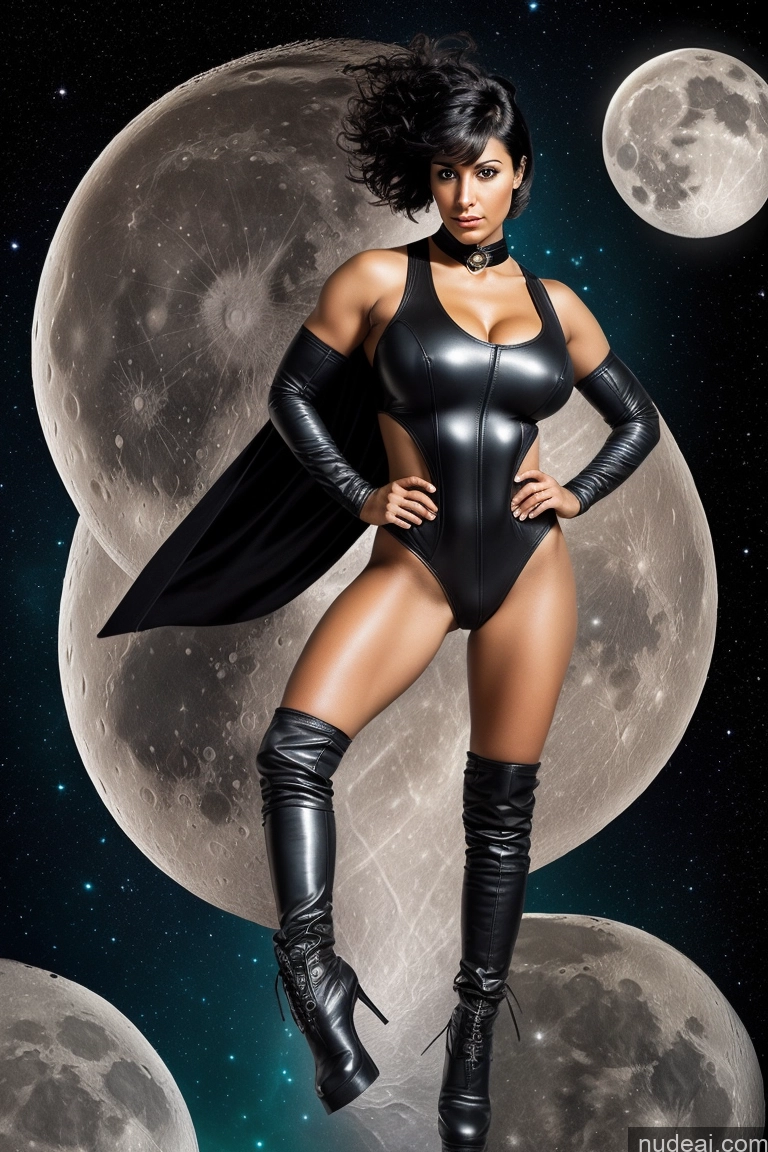 related ai porn images free for Superheroine One Perfect Boobs Muscular Thick Big Ass Dark Skin 30s Serious Black Hair Short Hair Arabic Surrealist Moon Front View Choker Bomber Boots