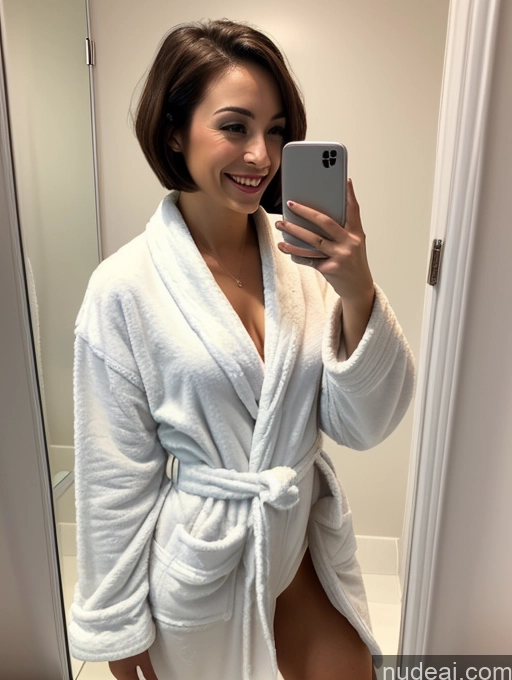 related ai porn images free for Woman Two Small Tits Small Ass Skinny Short Tall 20s Happy Brunette Short Hair White Mirror Selfie Bathroom Front View Bending Over Bathrobe