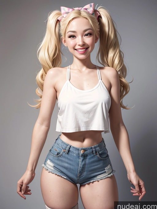 related ai porn images free for Lingerie Model Skinny Perfect Boobs Beautiful Happy Blonde Pigtails T-pose Bows Daisy Dukes Tank Top Thigh Socks