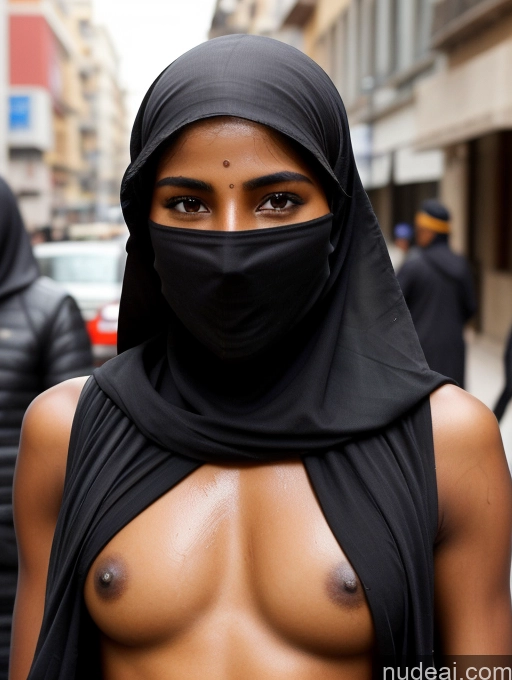 ai nude image of arafed woman in a black hijab and a black scarf pics of Detailed Alternative Niqab Front View Street Science Fiction Style Indian Sexy Face 18 Dark Skin Oiled Body Skinny