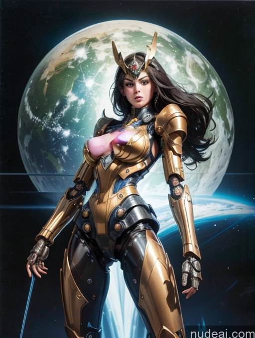 ai nude image of a close up of a woman in armor standing in front of a planet pics of Muscular Swedish Mech Suit Sci-fi Armor Steampunk Sexy Face SuperMecha: A-Mecha Musume A素体机娘 Miss Universe Model Small Tits Small Ass Perfect Body Pubic Hair 18 Brunette Long Hair Surrealist Bright Lighting Detailed Dynamic View Nude Transparent T-pose