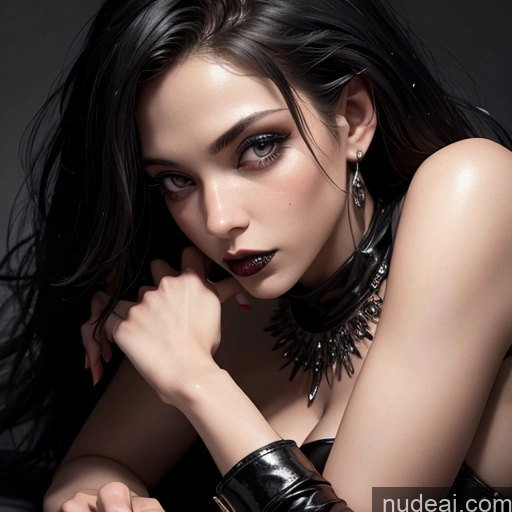 ai nude image of araffed woman in black leather outfit posing for a picture pics of Woman One 18 Long Hair Black Hair White Close-up View Goth Sexy Face Seductive