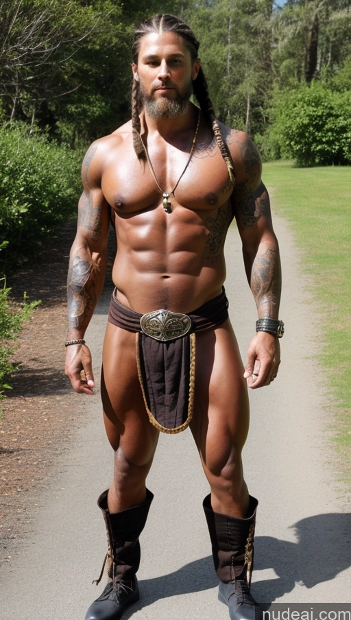 ai nude image of arafed man with a beard and a leather belt standing on a path pics of Bodybuilder 80s Muscular Abs Dark Skin Short Thick Nude Pirate Braided Tattoos Big Ass Big Hips Small Tits Viking