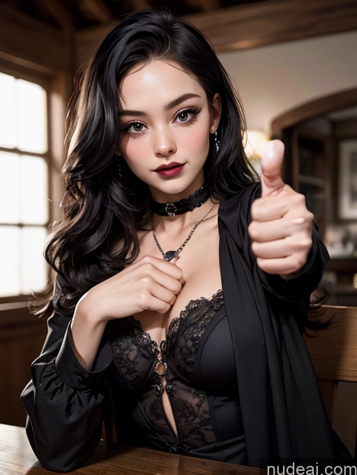 Woman One 18 Serious Black Hair Long Hair White Goth Single Thumbs Up Happy