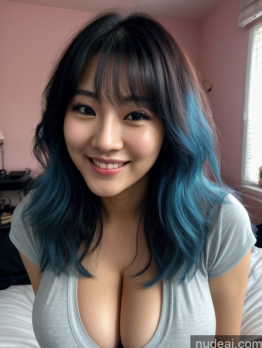 related ai porn images free for Woman One Busty Perfect Boobs Big Ass Perfect Body 20s Blue Hair Messy Korean Cleavage Dark Lighting Blouse Beautiful Bedroom Close-up View Laughing Happy Gaming