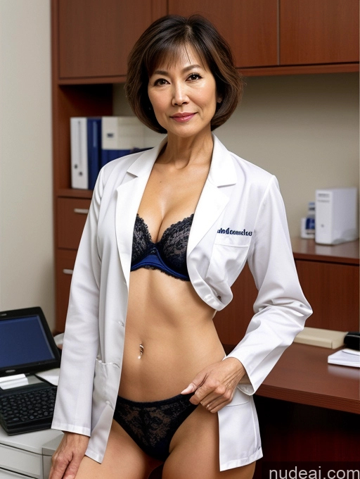 ai nude image of arafed woman in a lab coat posing in front of a computer pics of Milf Two Perfect Boobs Beautiful Perfect Body Pubic Hair 70s Sexy Face Short Hair Doctor Bra Lab Coat Stylish Partially Nude Detailed Office Japanese