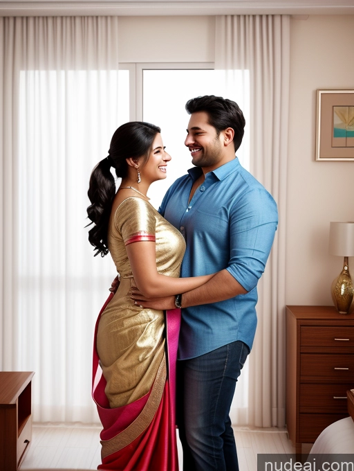 ai nude image of pregnant couple in a hotel room pose for a picture pics of Woman + Man Two Busty Chubby Fat 40s Happy Black Hair Ponytail Indian 3d Bedroom Side View Blouse Sari Cleavage Bright Lighting