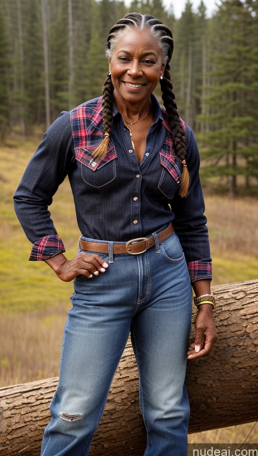 ai nude image of smiling woman in denim shirt and jeans standing by log in field pics of Muscular Abs Thick Lumberjack Western Braided Dark Skin 80s Ginger Black Jeans