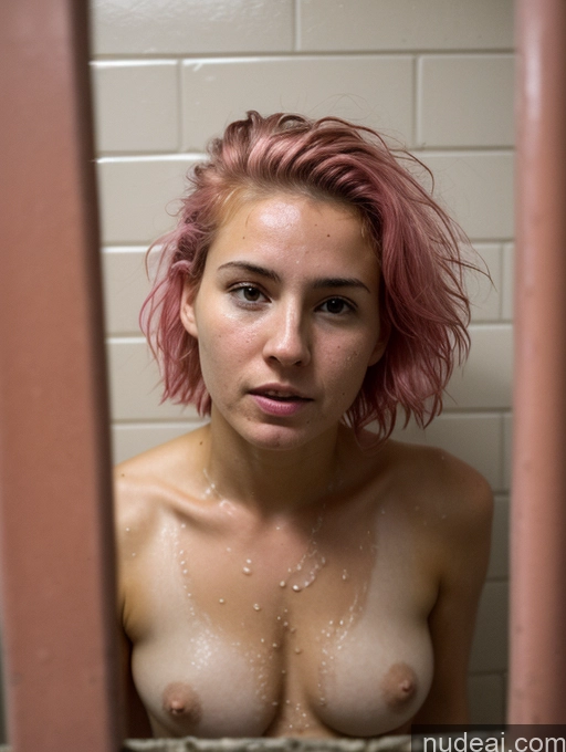 ai nude image of arafed woman with pink hair in a bathroom taking a selfie pics of 18 Pubic Hair Short Woman Messy White Front View Shocked Pink Hair Perfect Boobs Oiled Body Prison Tie