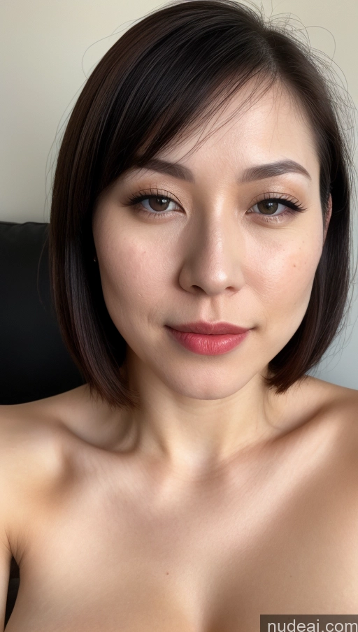 ai nude image of arafed asian woman with a very big breast posing for a picture pics of Woman One Beautiful Fairer Skin 30s Black Hair Skin Detail (beta) Close-up View Japanese Huge Boobs Lipstick Bobcut