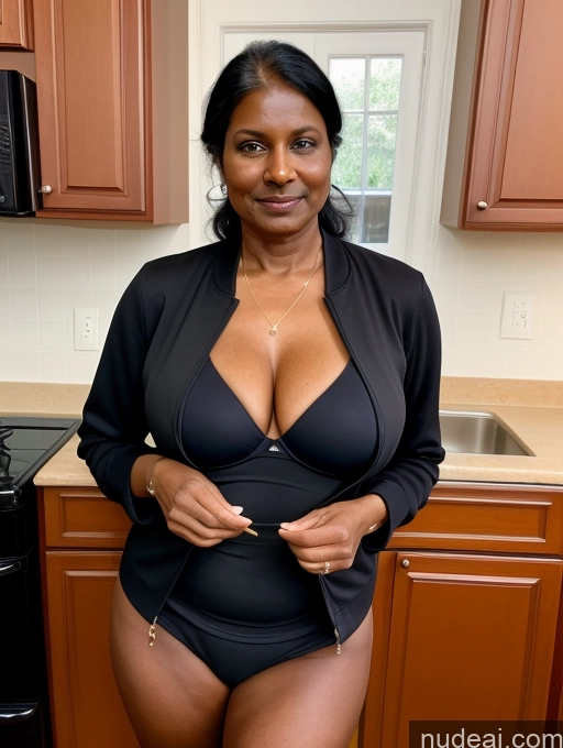 ai nude image of there is a woman in a black top and a black jacket pics of Milf Two Perfect Boobs Perfect Body Dark Skin 70s Indian Kitchen Bra Jacket Jeans Professor Secretary Cleavage Partially Nude Detailed