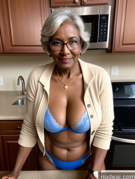 ai nude image of smiling woman in blue panties and glasses standing in kitchen pics of Milf Two Perfect Boobs Perfect Body Dark Skin 70s Indian Kitchen Bra Jacket Jeans Professor Secretary Cleavage Partially Nude Detailed