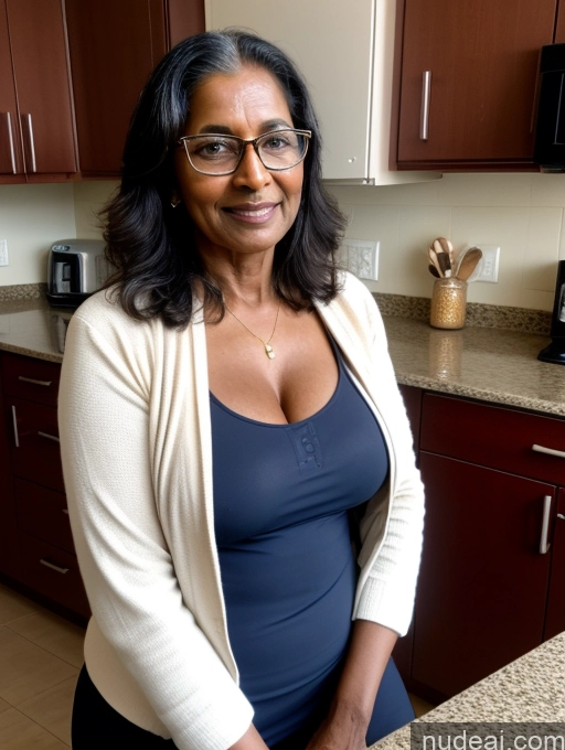 ai nude image of smiling woman in glasses standing in kitchen with granite counter top pics of Milf Two Perfect Boobs Perfect Body Dark Skin 70s Indian Kitchen Jacket Jeans Professor Secretary Cleavage Partially Nude Detailed