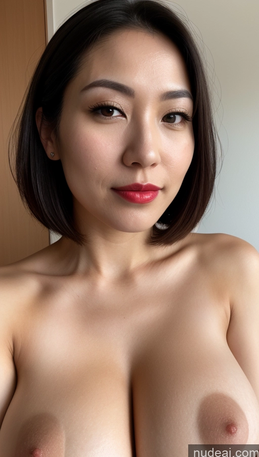 ai nude image of arafed asian woman with big breast posing for a picture pics of Woman One Huge Boobs Beautiful Lipstick Fairer Skin 30s Black Hair Bobcut Japanese Close-up View Skin Detail (beta)