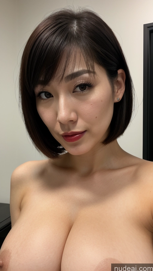 ai nude image of arafed asian woman with big breast posing for a picture pics of Woman One Beautiful Lipstick Fairer Skin 30s Skin Detail (beta) Huge Boobs Japanese Close-up View Bobcut Black Hair