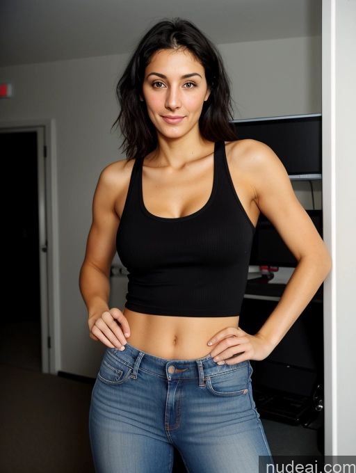 ai nude image of arafed woman in a black top and jeans posing for a picture pics of Wife Or Girlfriend Perfect Boobs Small Ass Thick Short Pubic Hair Hairy Women 20s Sexy Face Black Hair Straight Jewish Office Tank Top Jeans