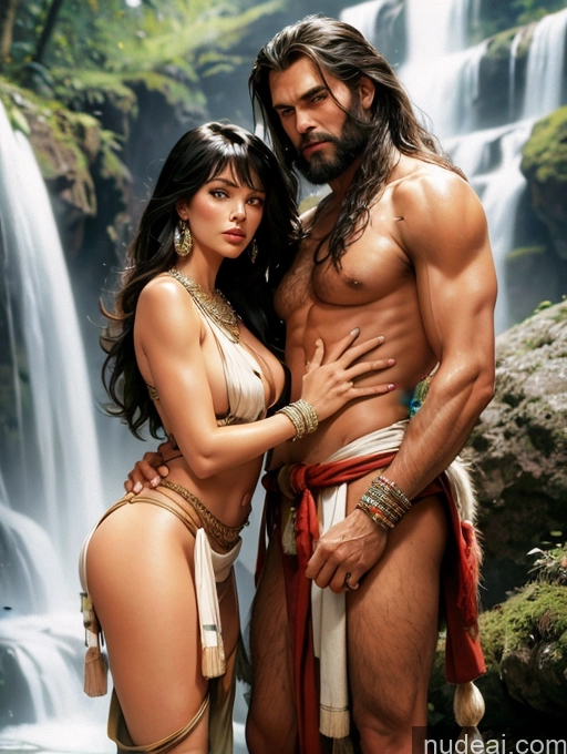 ai nude image of arafed man and woman in native clothing posing in front of a waterfall pics of Tanned Skin Native American Tribal GZCfinal Waterfall Forest Art By Boris Vallejo Boris Vallejo Art Style Fr4z3tt4 Bangs Traditional Woman + Man Jewelry