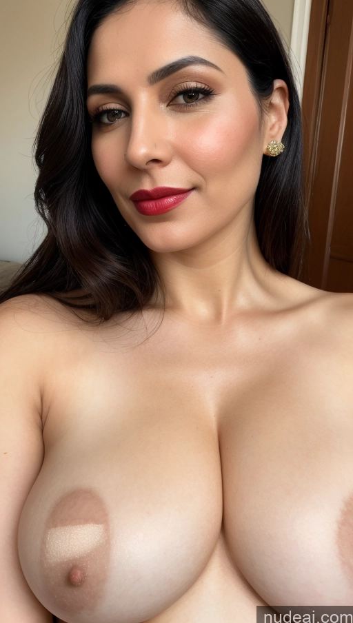 ai nude image of a close up of a woman with a big breast posing for a picture pics of Woman One Fairer Skin Black Hair Skin Detail (beta) 40s Slicked Sari Close-up View Lipstick Huge Boobs Thick Beautiful White