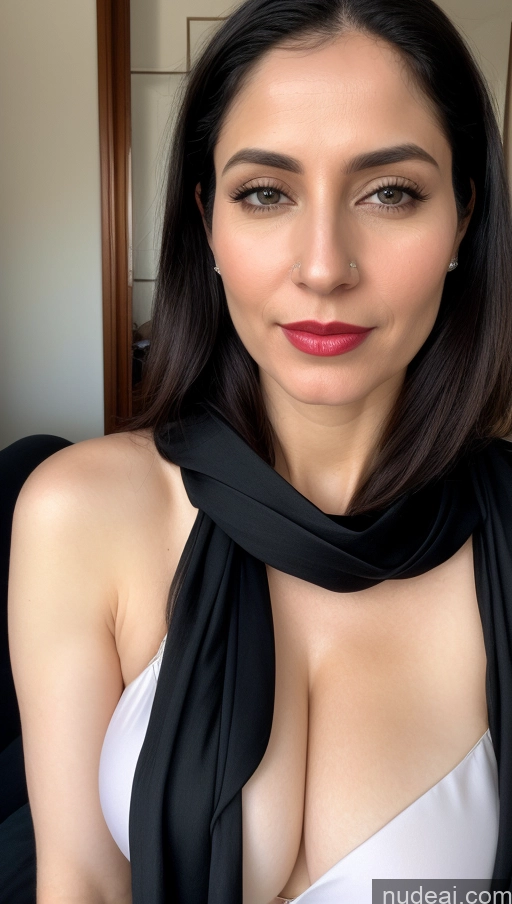 ai nude image of arafed woman with a black scarf and a white top pics of Woman One Fairer Skin Black Hair Skin Detail (beta) 40s Close-up View Lipstick Huge Boobs Beautiful Sari Slicked White