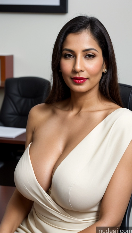 ai nude image of araffed woman in a white dress sitting in a chair pics of Woman One Huge Boobs Beautiful Lipstick Fairer Skin 40s Black Hair Slicked White Skin Detail (beta) Close-up View Sari Office