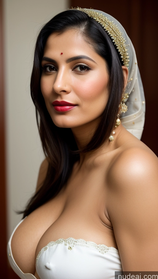 ai nude image of arafed woman in a white dress and a veil posing for a picture pics of Woman One Huge Boobs Beautiful Lipstick 40s Black Hair Slicked Skin Detail (beta) Close-up View Fairer Skin Sari White