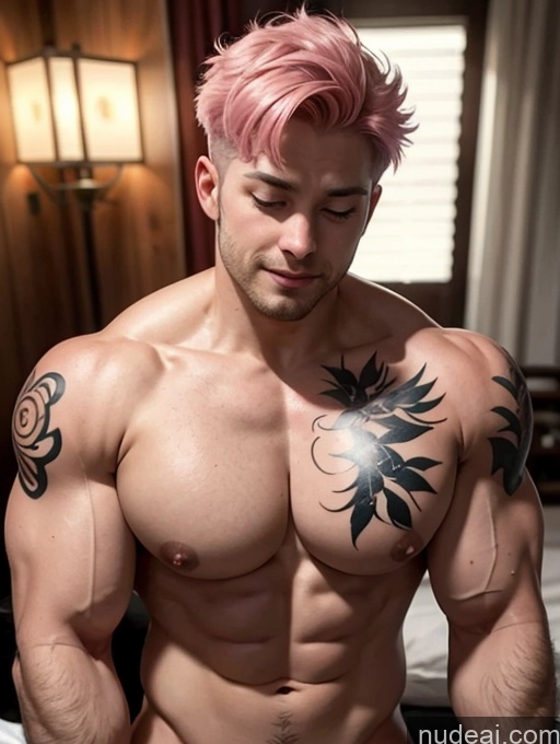 ai nude image of arafed man with pink hair and tattoos on his chest pics of Bodybuilder Huge Boobs Tattoos Big Ass Abs Muscular Fat 40s Pink Hair Pixie White Party Nude Orgasm Happy One On Back Front View