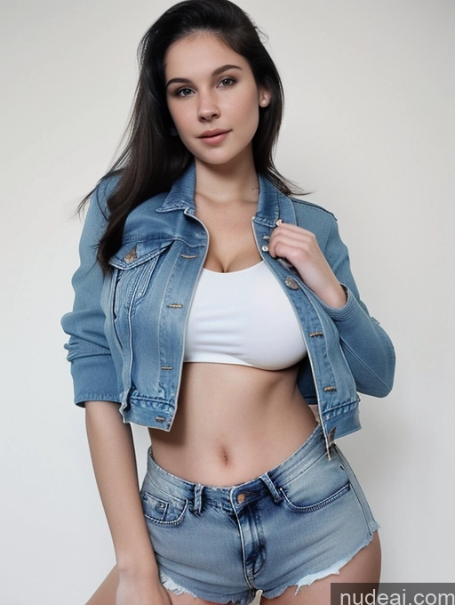 ai nude image of arafed woman in a white top and denim jacket posing for a picture pics of Huge Boobs Perfect Boobs Fairer Skin 18 Sexy Face Long Hair British Jacket Jeans Short Shorts Cleavage Crop Top