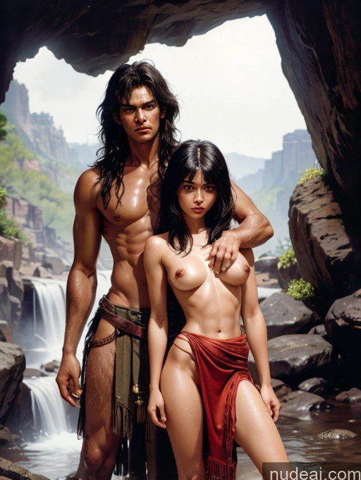 ai nude image of arafed woman in red dress standing next to a man in a cave pics of Woman + Man Two Small Tits Skinny Abs Tanned Skin Dark Skin Sad Seductive Black Hair Bangs Native American Cave Long Skirt Tribal Topless Art By Boris Vallejo Boris Vallejo Art Style Fr4z3tt4 Breast Grab, Cowgirl Position, Girl On Top, Straddling, Grabbing, Sex, Vaginal Waterfall Forest Cowgirl Outfit