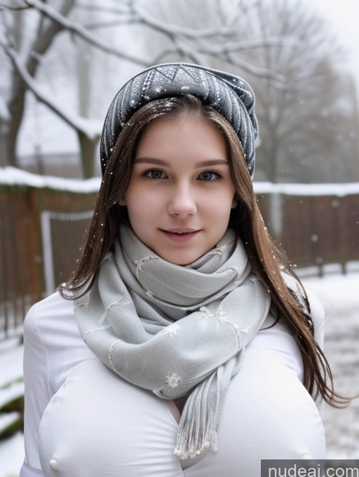 ai nude image of arafed woman in a white shirt and a gray scarf and hat pics of Huge Boobs Perfect Boobs Fairer Skin 18 Sexy Face Brunette Long Hair British Snow Scarf