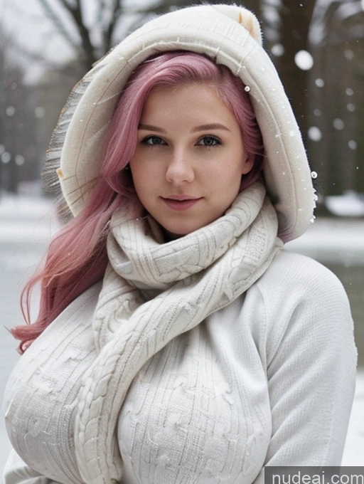 ai nude image of arafed woman with pink hair wearing a white hat and scarf pics of Huge Boobs Perfect Boobs Fairer Skin 18 Sexy Face Long Hair British Fur Jeans Sweater Scarf Snow Pink Hair