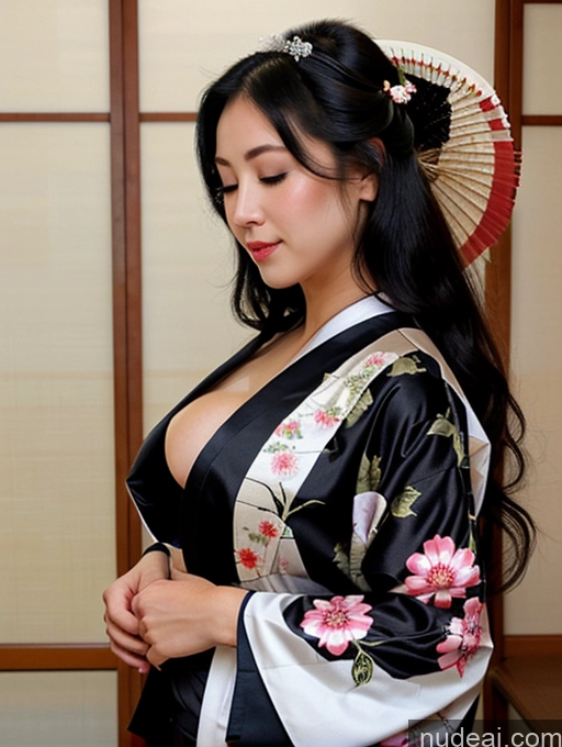 ai nude image of there is a woman in a kimono with a fan and a flowered hat pics of Woman One Pubic Hair Short Perfect Boobs Beautiful Perfect Body 30s Orgasm Black Hair Long Hair Latina Geisha Kimono