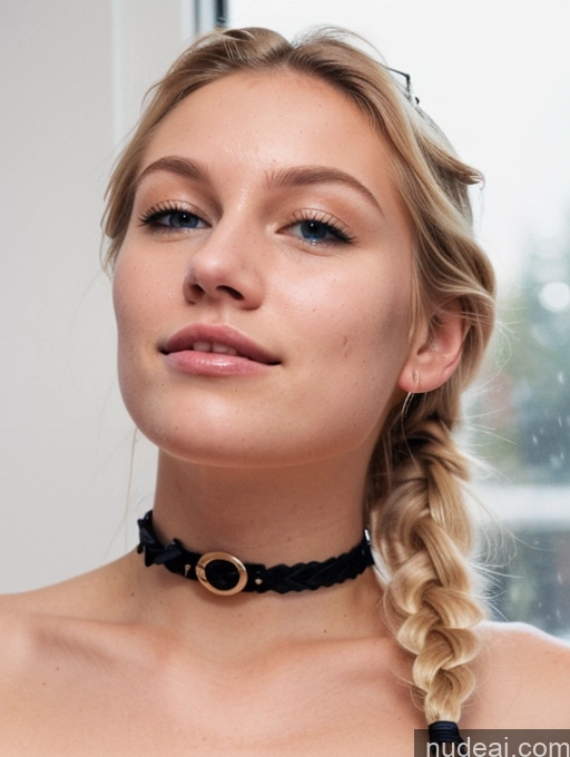 ai nude image of blond woman with braid hair and a black choke with a gold ring pics of Scandinavian Sorority Lipstick Small Tits Pubic Hair Choker Topless Dark Lighting Happy Ahegao Snow Braided Cumshot Santa Close-up View Blonde