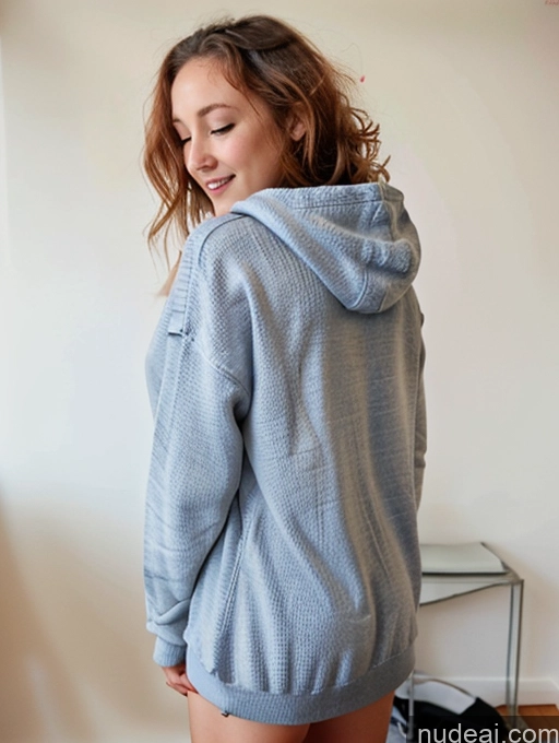 ai nude image of arafed woman in a blue hoodie standing in a room pics of Wife Or Girlfriend One Busty Perfect Boobs Beautiful 18 Happy Orgasm Undressing Another Oversized Sweater/Hoodie Ginger Curly Hair